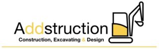 Addstructions logotyp, med grävmaskinsdesign. Texten lyder: "Konstruktion, schaktning & design.